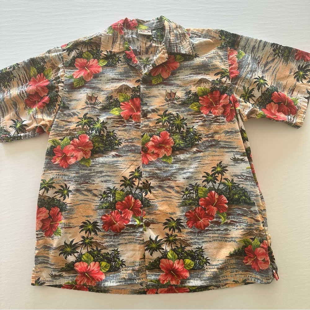 Vintage Go Barefoot Hawaiian Shirt L Hibiscus Flowers Ocean Palm Trees